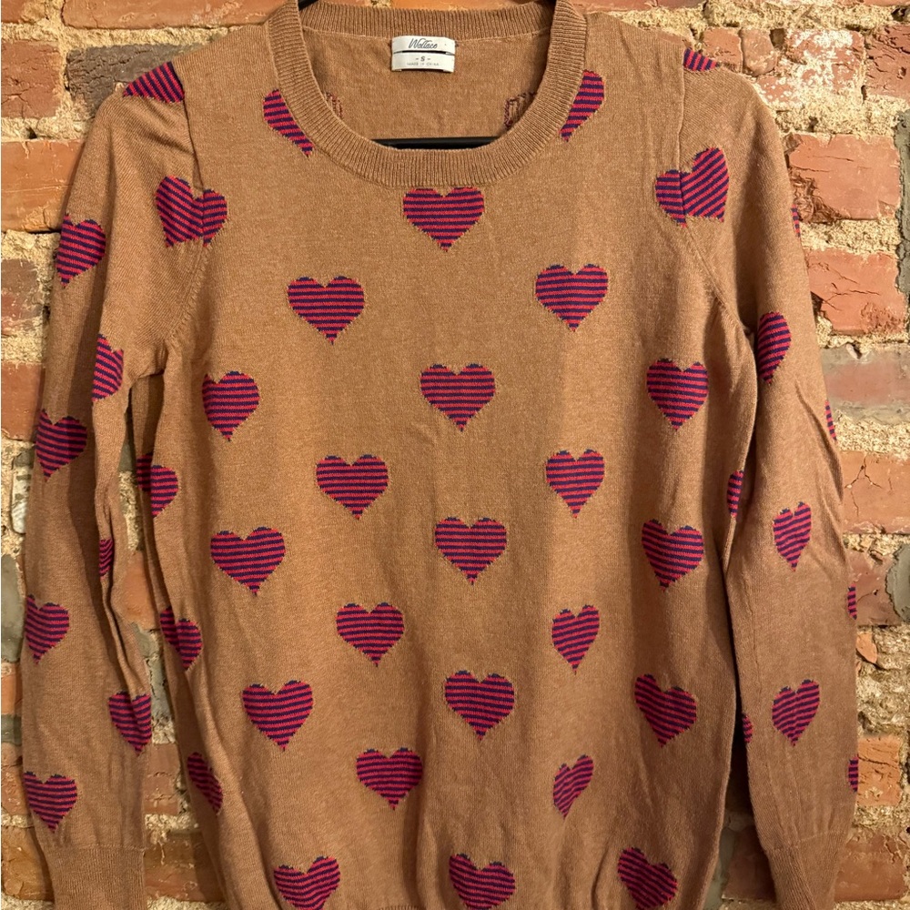 Madewell Tan Sweater with Purple Heart Pattern